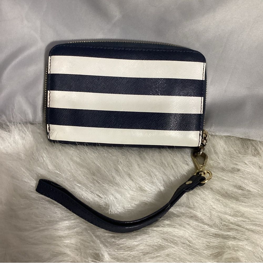 Michael Kors Blue/ White Striped Zip Around Clutch Wristlet Wallet - Picture 4 of 12